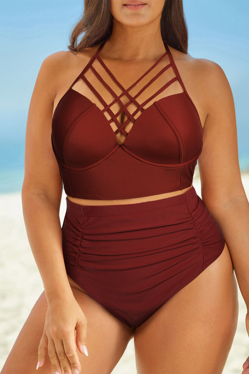 Chic Full Size Halter Swimsuit with crisscross top & ruched bottom for a flattering fit. Available in brick red & black - perfect for beach days!