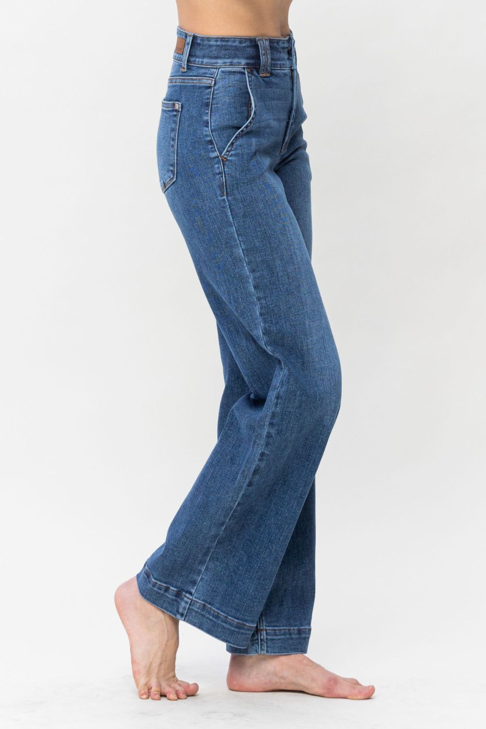 Side view of trendy wide-leg jeans with a flattering high waist.
