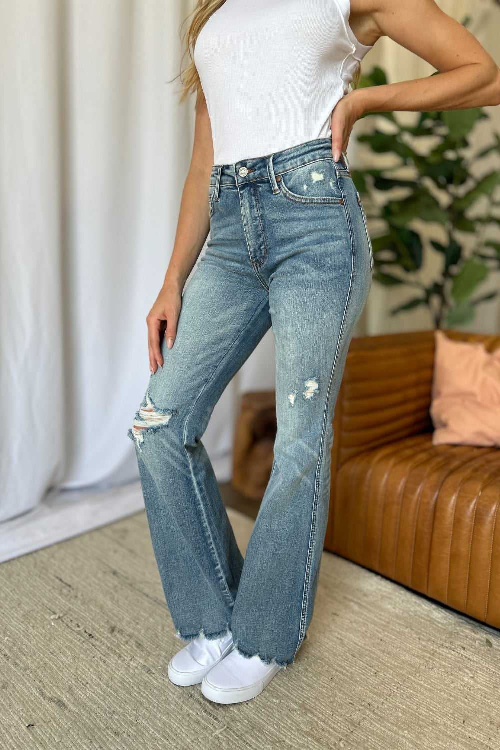 Distressed Judy Blue jeans with flattering tummy control panel.
