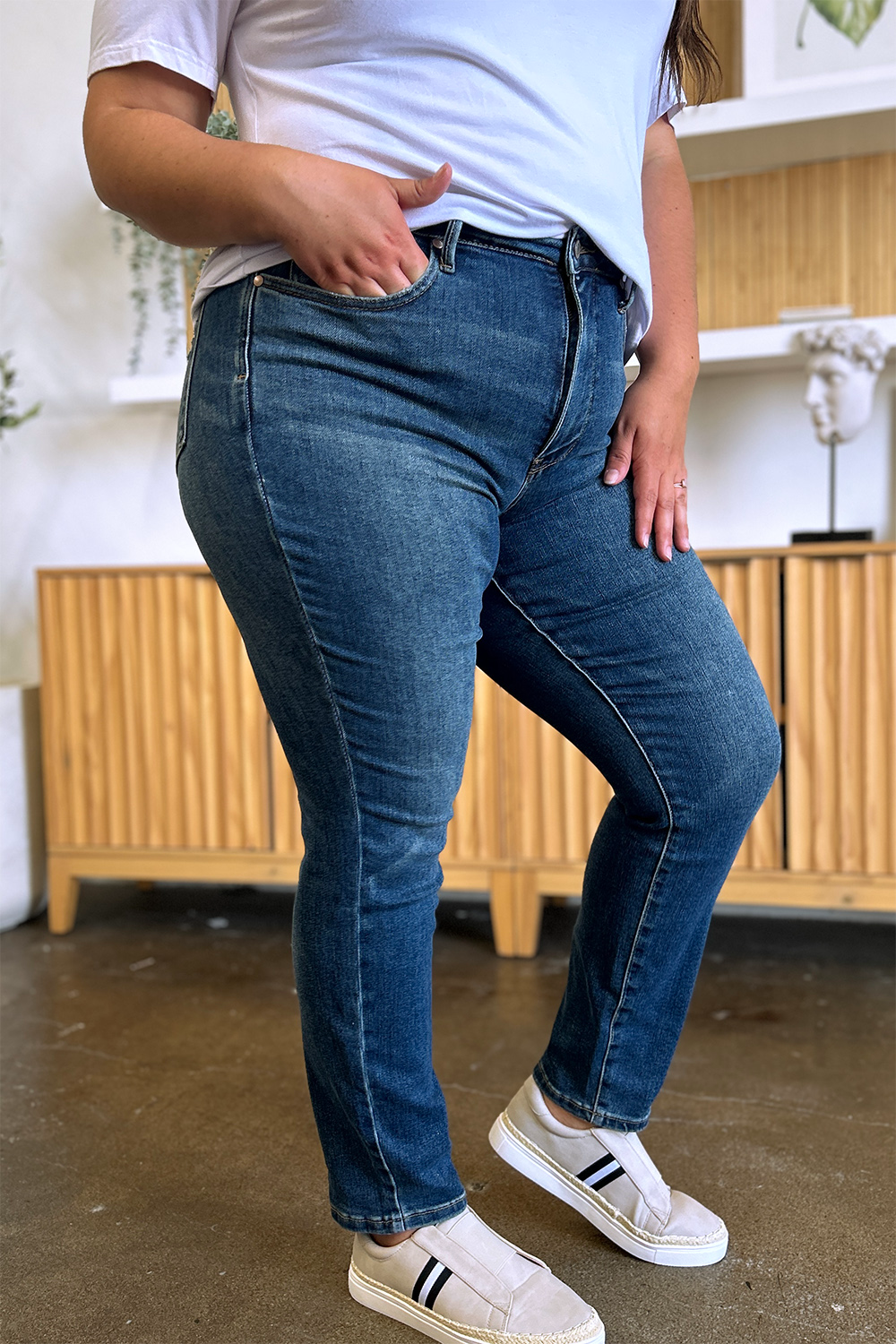 Shop Judy Blue Slim Jeans for unmatched style & comfort with tummy control, high-waist design, and inclusive sizing. Elevate your look now!