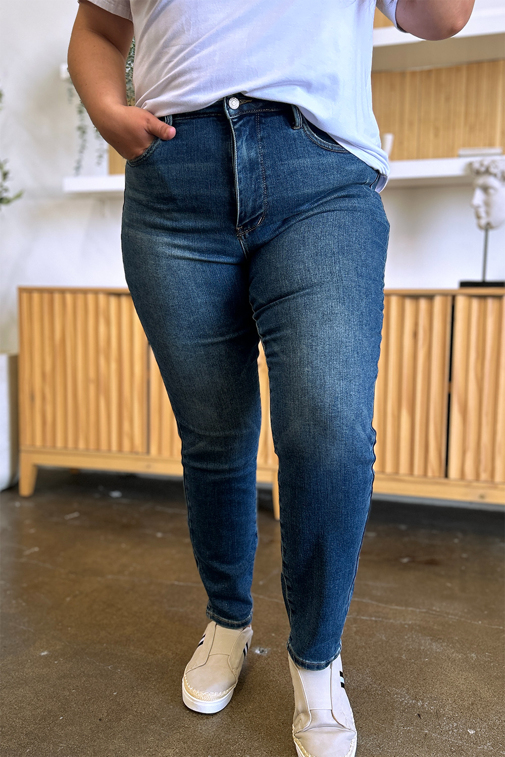 Shop Judy Blue Slim Jeans for unmatched style & comfort with tummy control, high-waist design, and inclusive sizing. Elevate your look now!