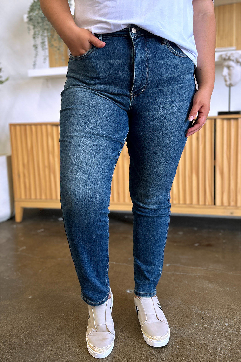 Shop Judy Blue Slim Jeans for unmatched style & comfort with tummy control, high-waist design, and inclusive sizing. Elevate your look now!