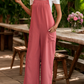 Bohemian red overalls paired with a simple white tee, perfect for casual summer outings.