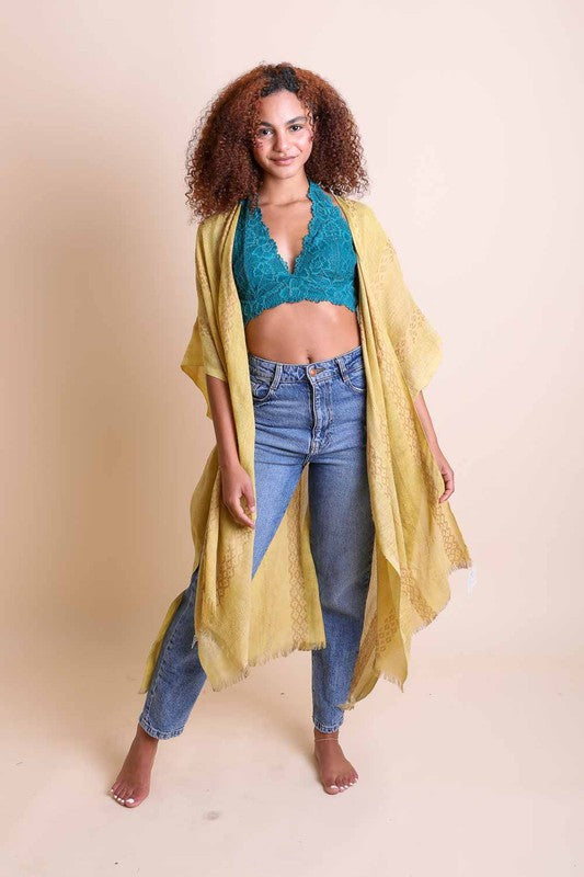 Mustard kimono cover up ideal for casual and dressy outfits.