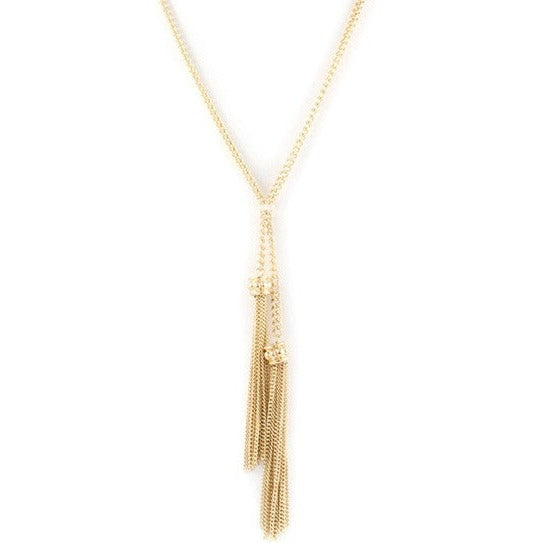 Elegant gold chain necklace with tassel accents and coordinating gold stud earrings