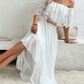 Flowy white dress with off the shoulder lace top