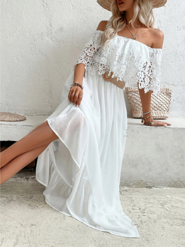 Flowy white dress with off the shoulder lace top