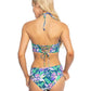 Back view of the trendy floral cutout swimsuit with adjustable ties for a perfect fit.