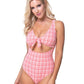 Summer beachwear featuring a red gingham pattern and cutout design.