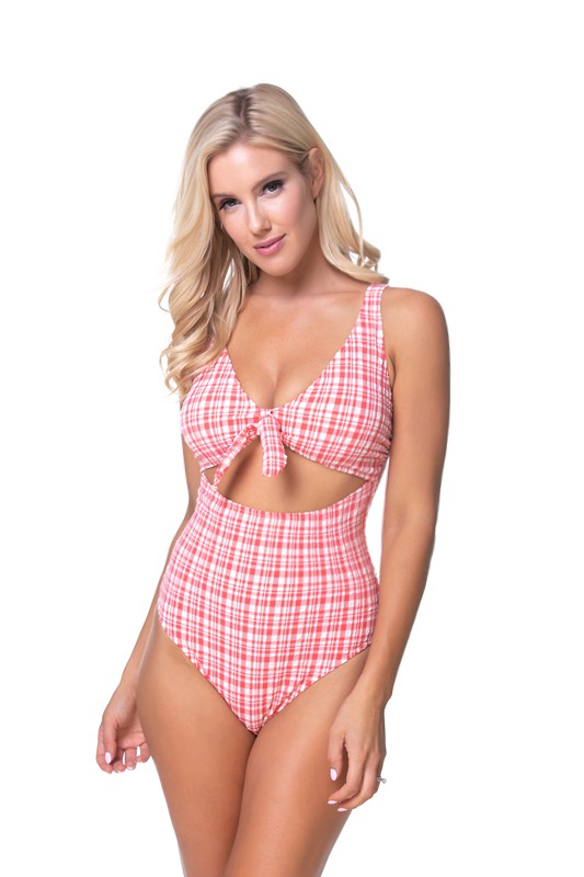 Summer beachwear featuring a red gingham pattern and cutout design.