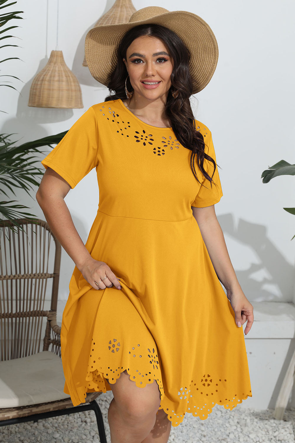 Discover elegance with our Plus Size Dress in red, black, mustard, and blue with a flattering fit and exquisite openwork detailing