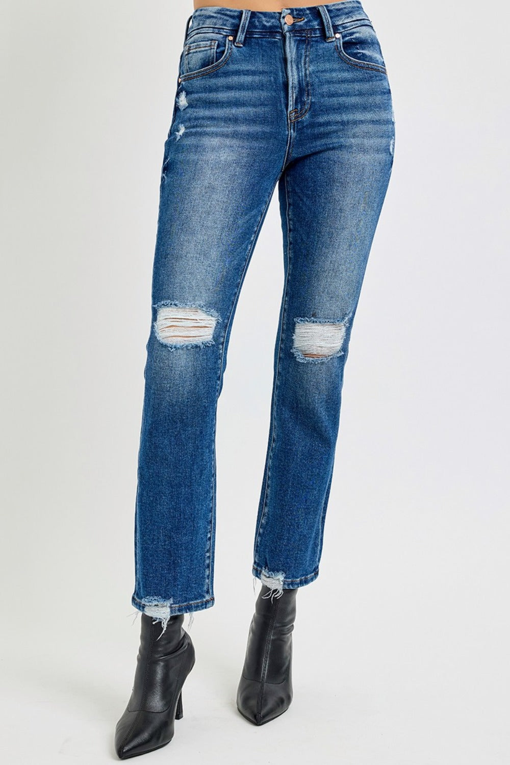 Trendy straight-leg jeans with slight stretch and a flattering high-rise fit.
