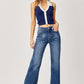 Dark-wash high-rise wide leg jeans with faded finish and relaxed fit
