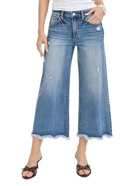 Front view of RISEN high-rise cropped flare jeans with frayed hem
