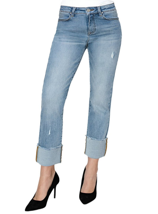 Front view of RISEN high-rise cuffed slim straight jeans in light-wash denim
