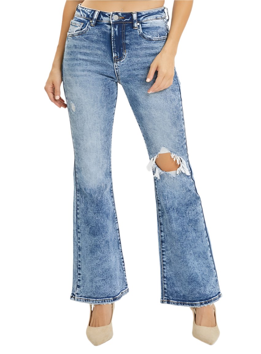 Vintage-inspired high-rise flare jeans with distressed detailing and light wash
