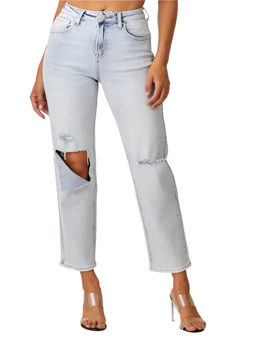 Light-wash high-rise relaxed jeans featuring distressed detailing
