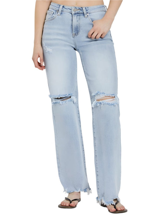 Front view of RISEN high-rise distressed wide leg jeans with frayed hem
