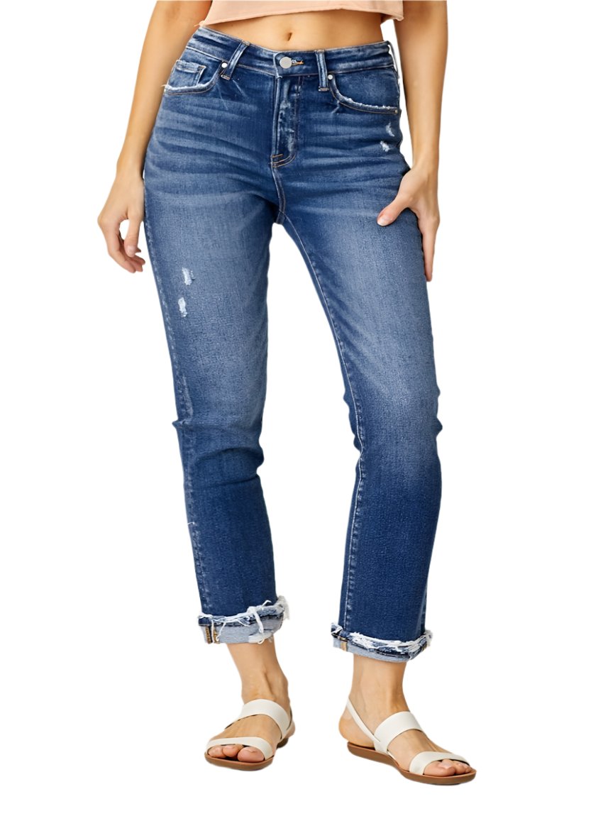 Front view of RISEN high-rise frayed cuffed straight jeans in medium wash
