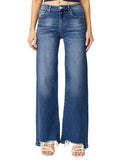 Front view of RISEN high-rise wide leg jeans with frayed hem and dark wash
