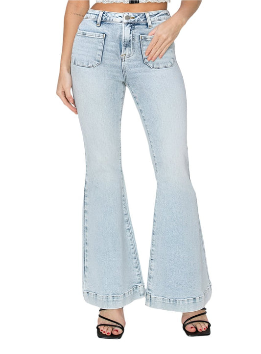 Vintage-inspired high-rise flare jeans with front patch pockets and light wash
