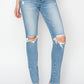 Sleek high-rise skinny jeans in medium-wash with distressed accents
