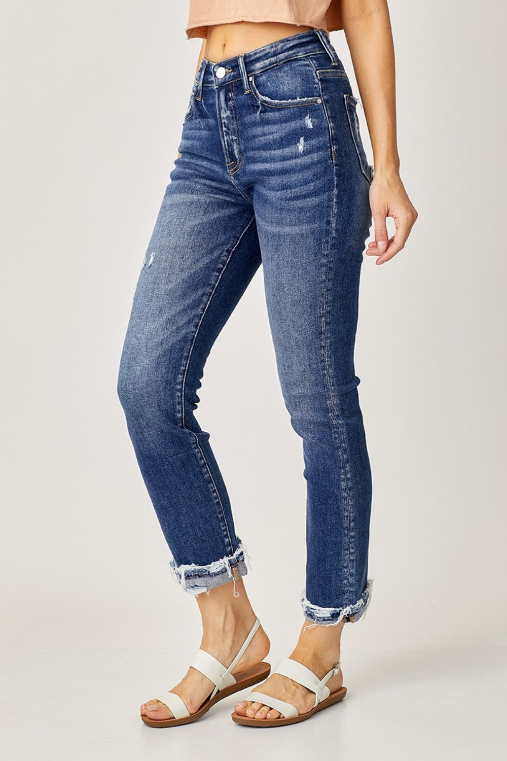 Trendy frayed cuff straight jeans with high-rise waist for a flattering fit
