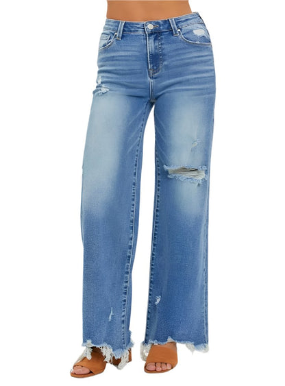 Distressed wide leg jeans with frayed hem and high-rise waist
