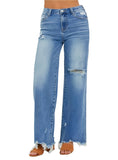 Distressed wide leg jeans with frayed hem and high-rise waist
