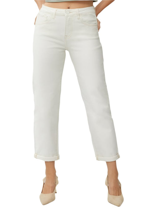 Front view of RISEN High Waist Rolled Hem Straight Jeans in ivory.
