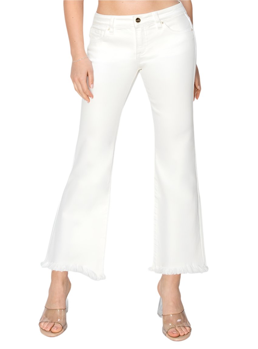 Front view of RISEN Tummy Control Crop Flare Step Hem Pants in ivory.
