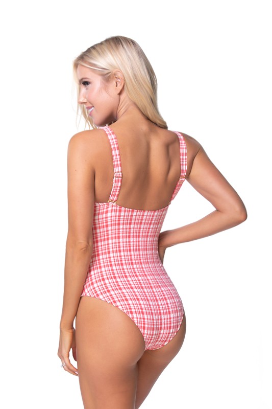 Red gingham swimwear with a playful front tie and modern cutout.