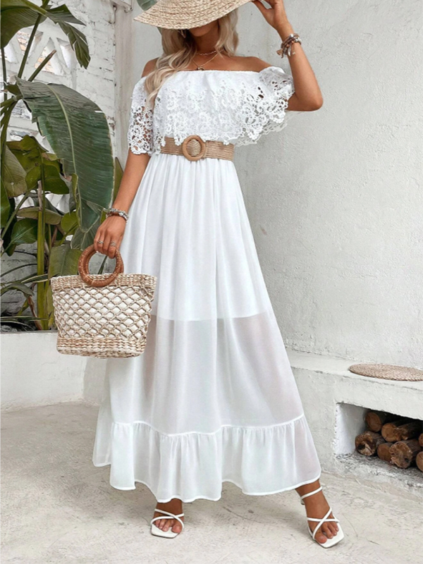 White dress with off the shoulder design and lace accents