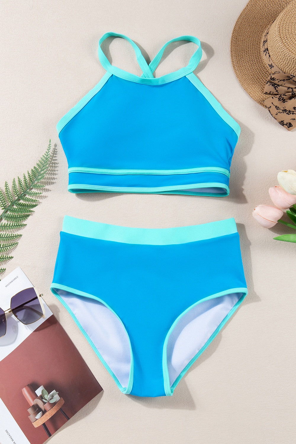 Stylish blue two-piece swimsuit with supportive fit and adjustable straps