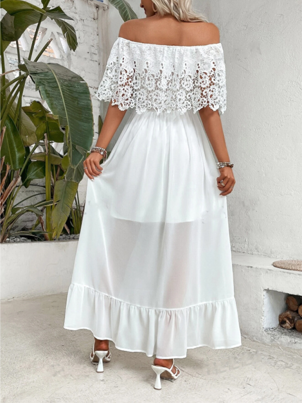 White maxi dress with off the shoulder neckline and lace embellishments