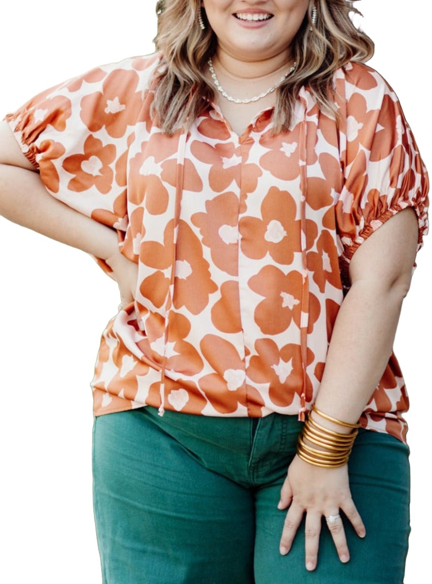 Plus size orange floral blouse with short sleeves