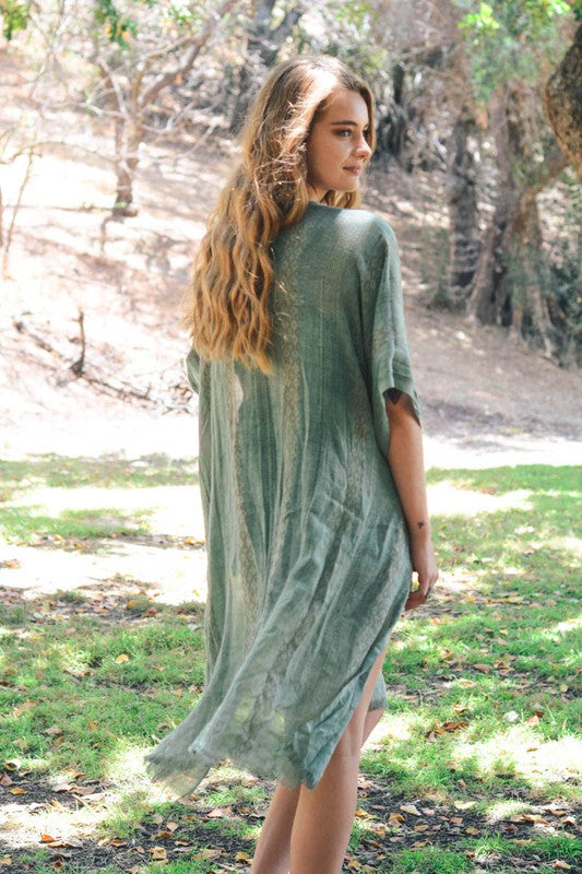 Sage kimono cover up suitable for beach days and casual outings.