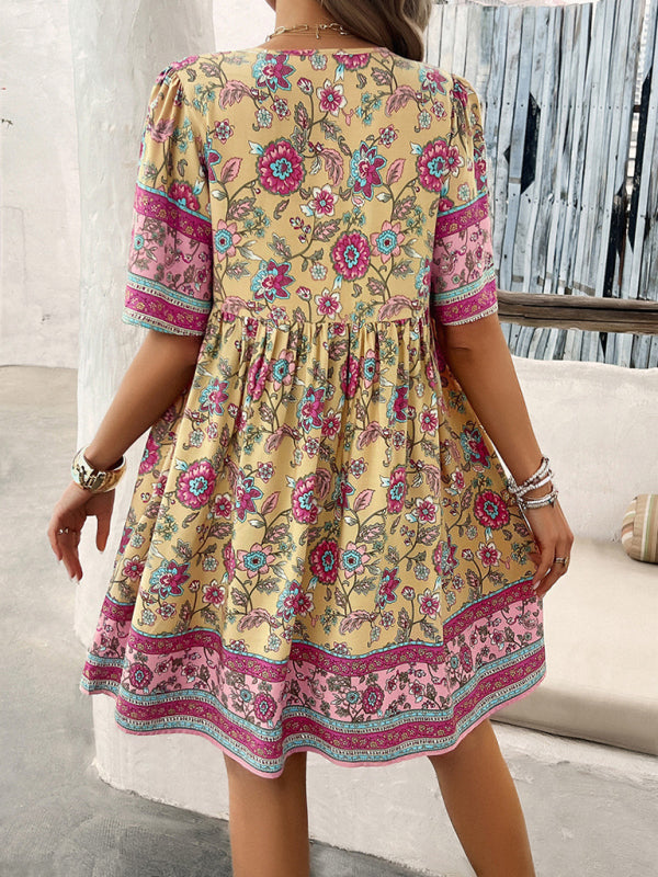 Bohemian V-neck dress with tassels and floral pattern