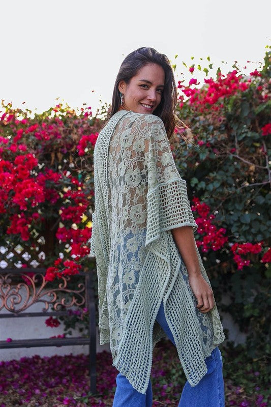 Intricate lace detailing on a comfortable knit kimono