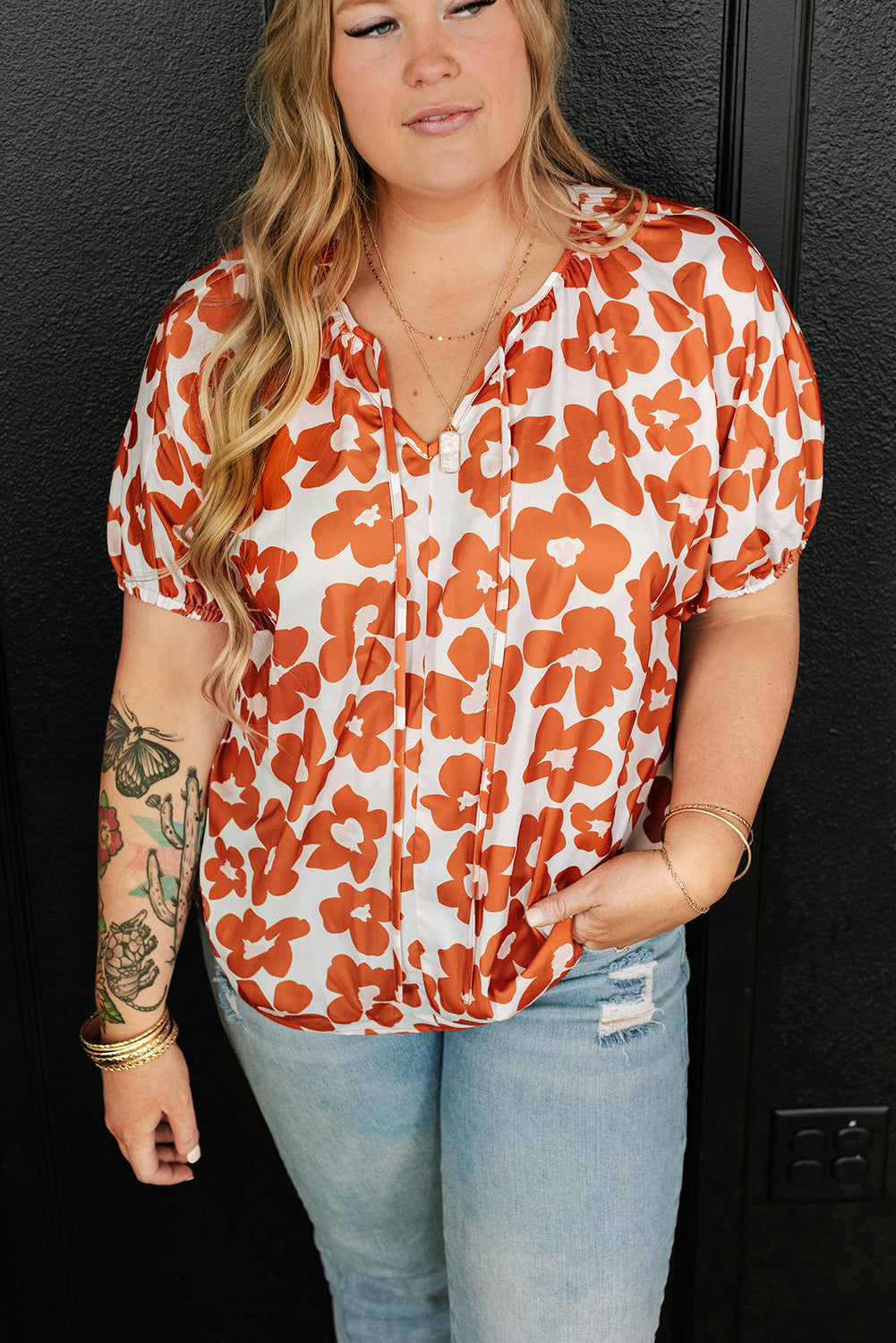 Orange flower pattern blouse for plus size ladies