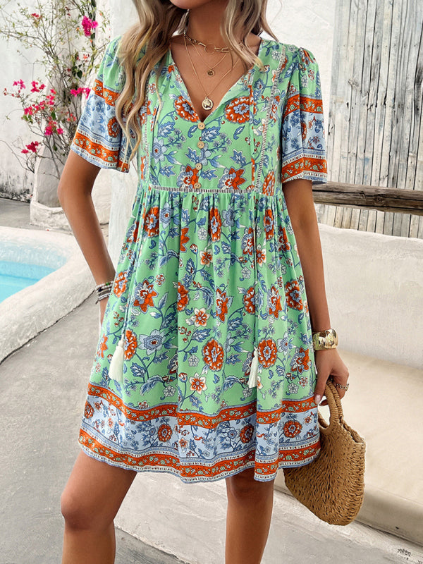 Lightweight boho chic dress with pink floral print