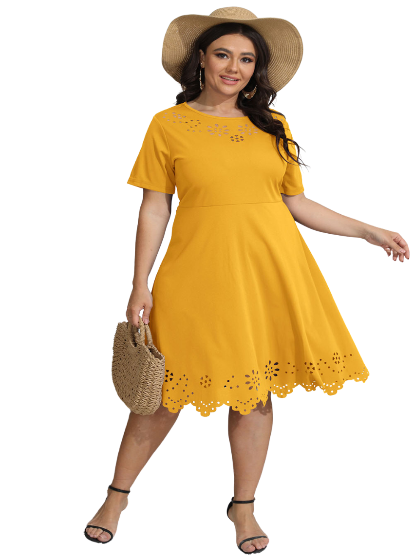 Discover elegance with our Plus Size Dress in red, black, mustard, and blue with a flattering fit and exquisite openwork detailing