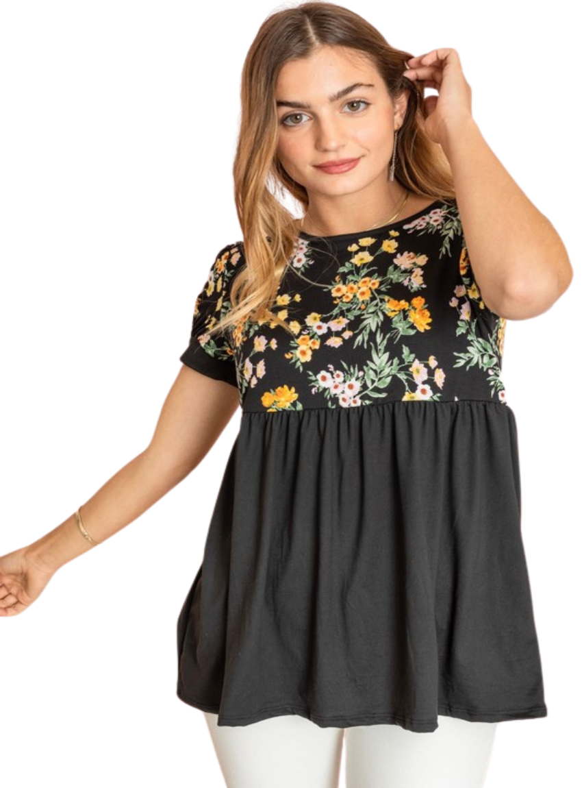 Plus size black baby doll peplum top with floral design