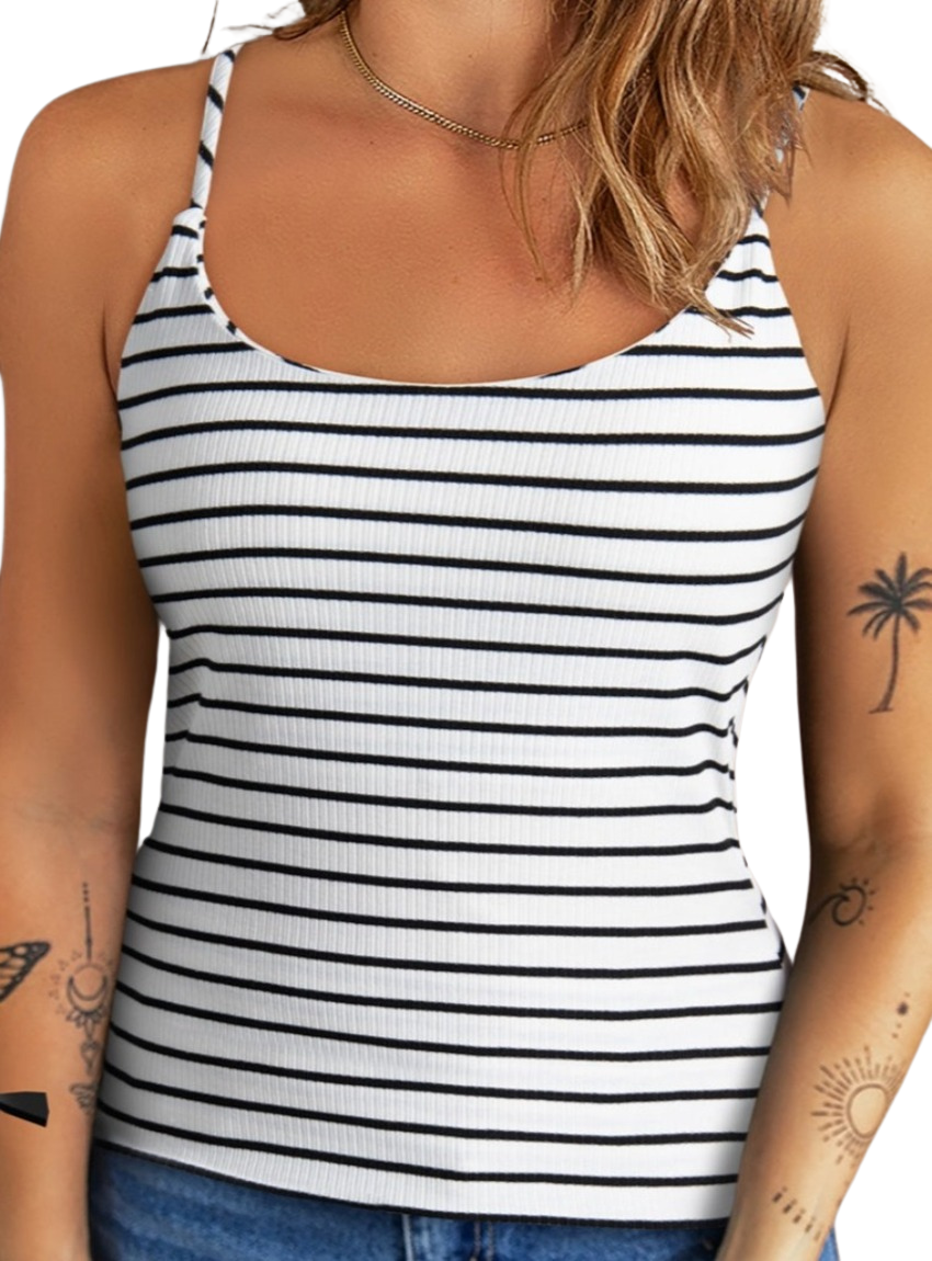 Black and white striped summer tank top with adjustable straps.