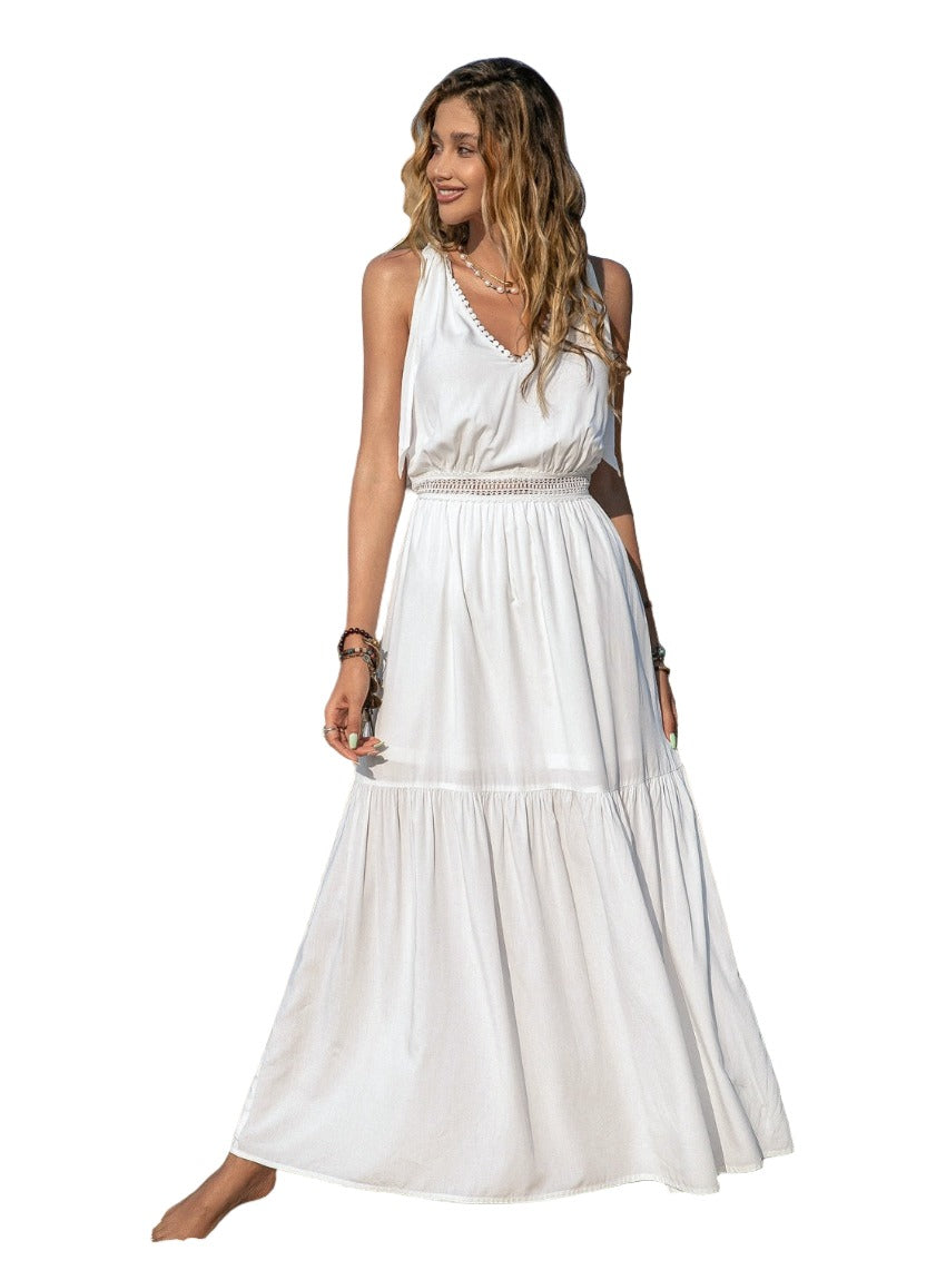 Elegant V-Neck Maxi Dress with tie shoulders and crochet waist, available in white, green, and black. Perfect for any sophisticated occasion.