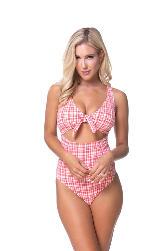 Southern-inspired gingham swimsuit with adjustable front tie.
