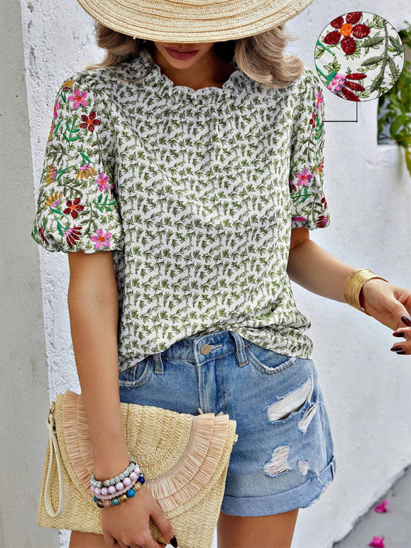 Boho chic embroidered shirt with colorful flowers