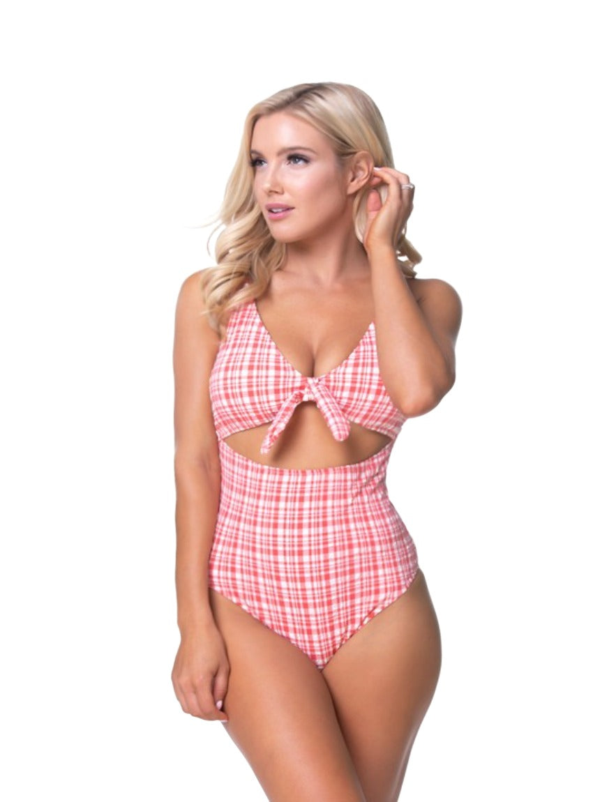 Red and white gingham one-piece swimsuit with vintage charm.