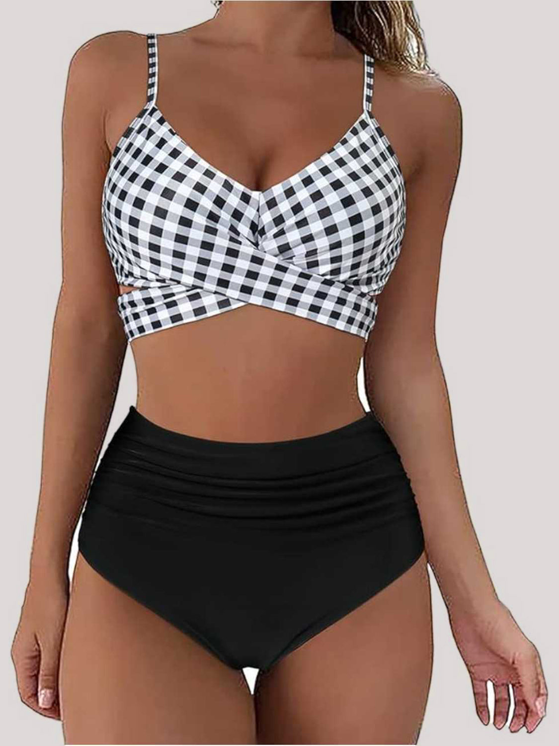 Black and White Checkered Two Piece Swim Set with Spaghetti Straps and High Waisted Bottoms