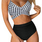 Black and White Checkered Two Piece Swim Set with Spaghetti Straps and High Waisted Bottoms